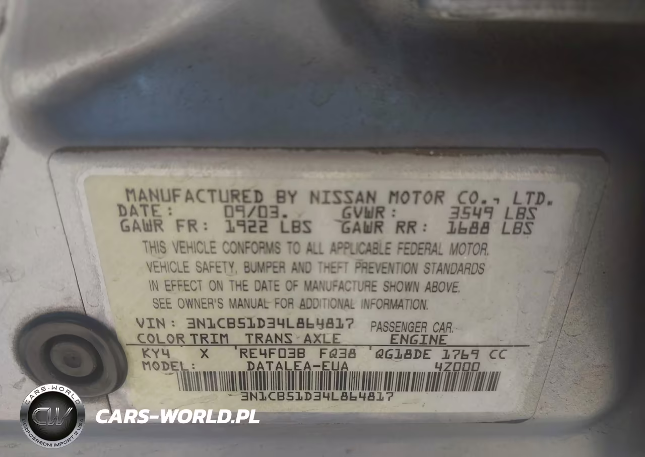 2004 Nissan Sentra 1.8S VIN:3N1CB51D34L864817 - 9