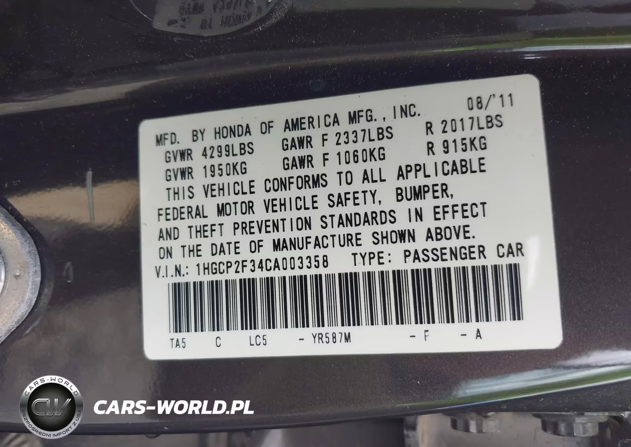 2012 Honda Accord 2.4 Lx VIN:1HGCP2F34CA003358 - 9