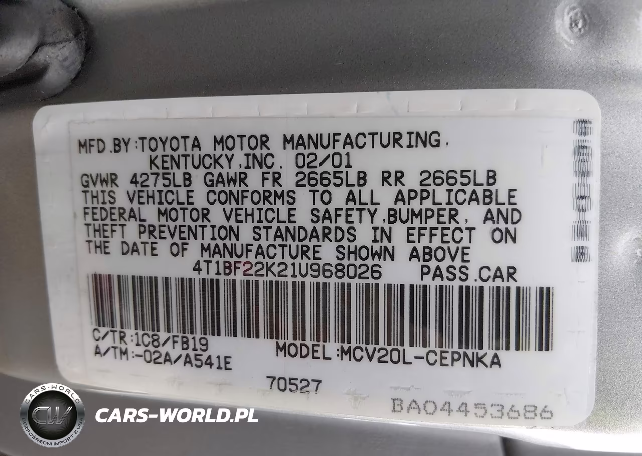 2001 Toyota Camry Le V6 VIN:4T1BF22K21U968026 - 9