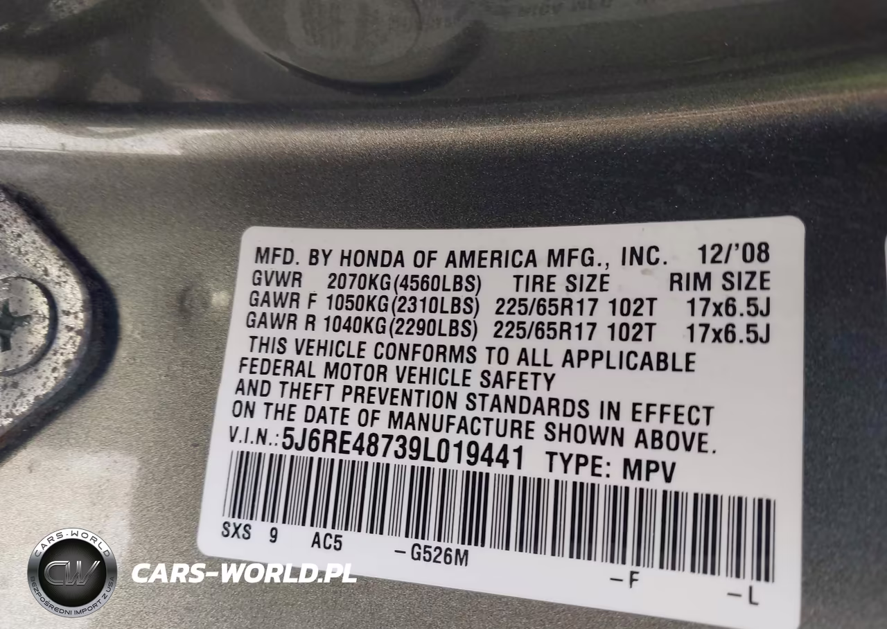 2009 Honda Cr-V Ex-L VIN:5J6RE48739L019441 - 9