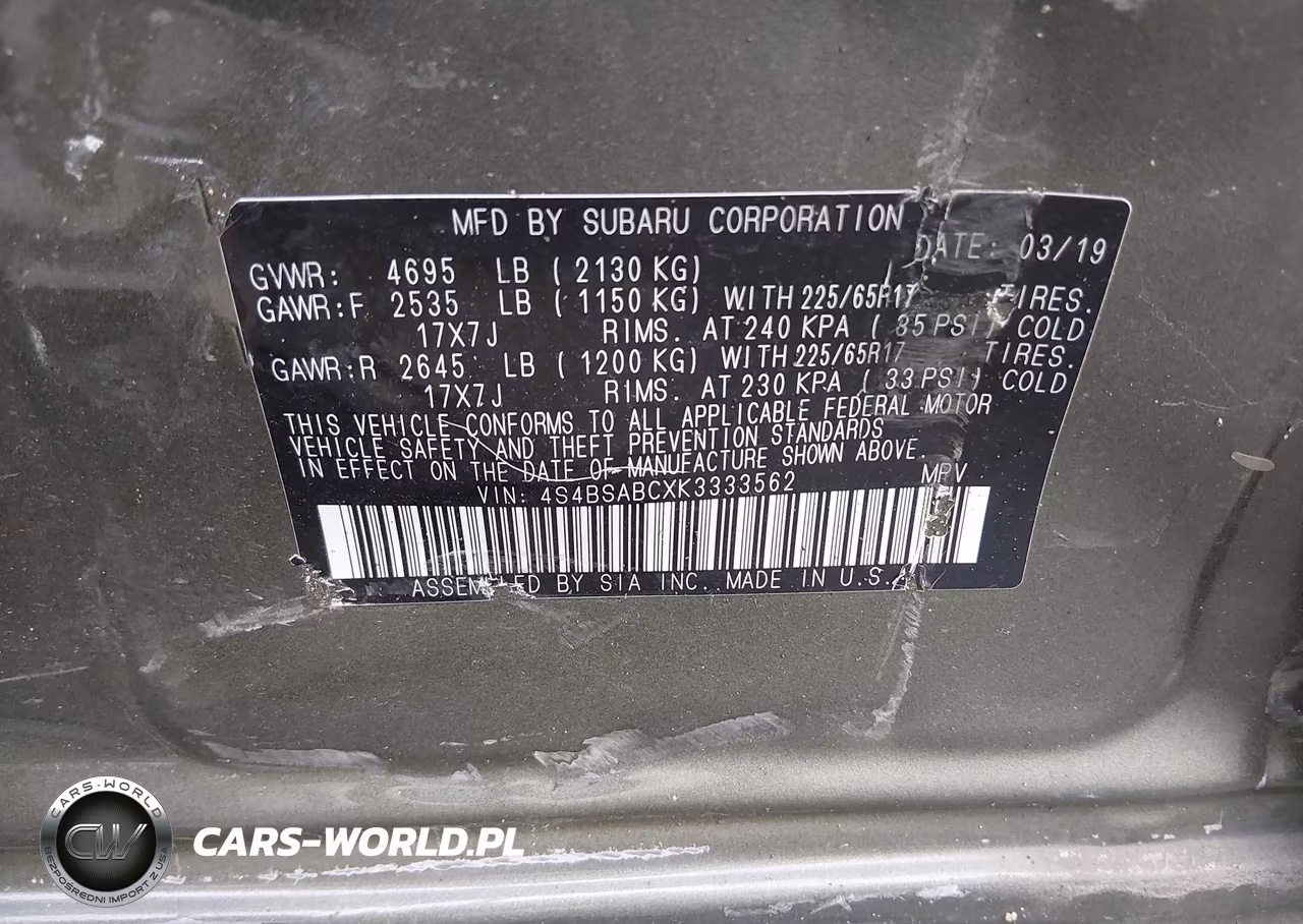 2019 Subaru Outback 2.5I VIN:4S4BSABCXK3333562 - 9