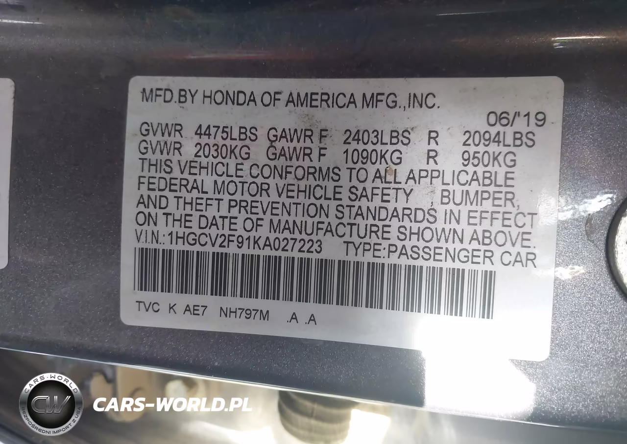 2019 Honda Accord Touring 2.0T VIN:1HGCV2F91KA027223 - 9