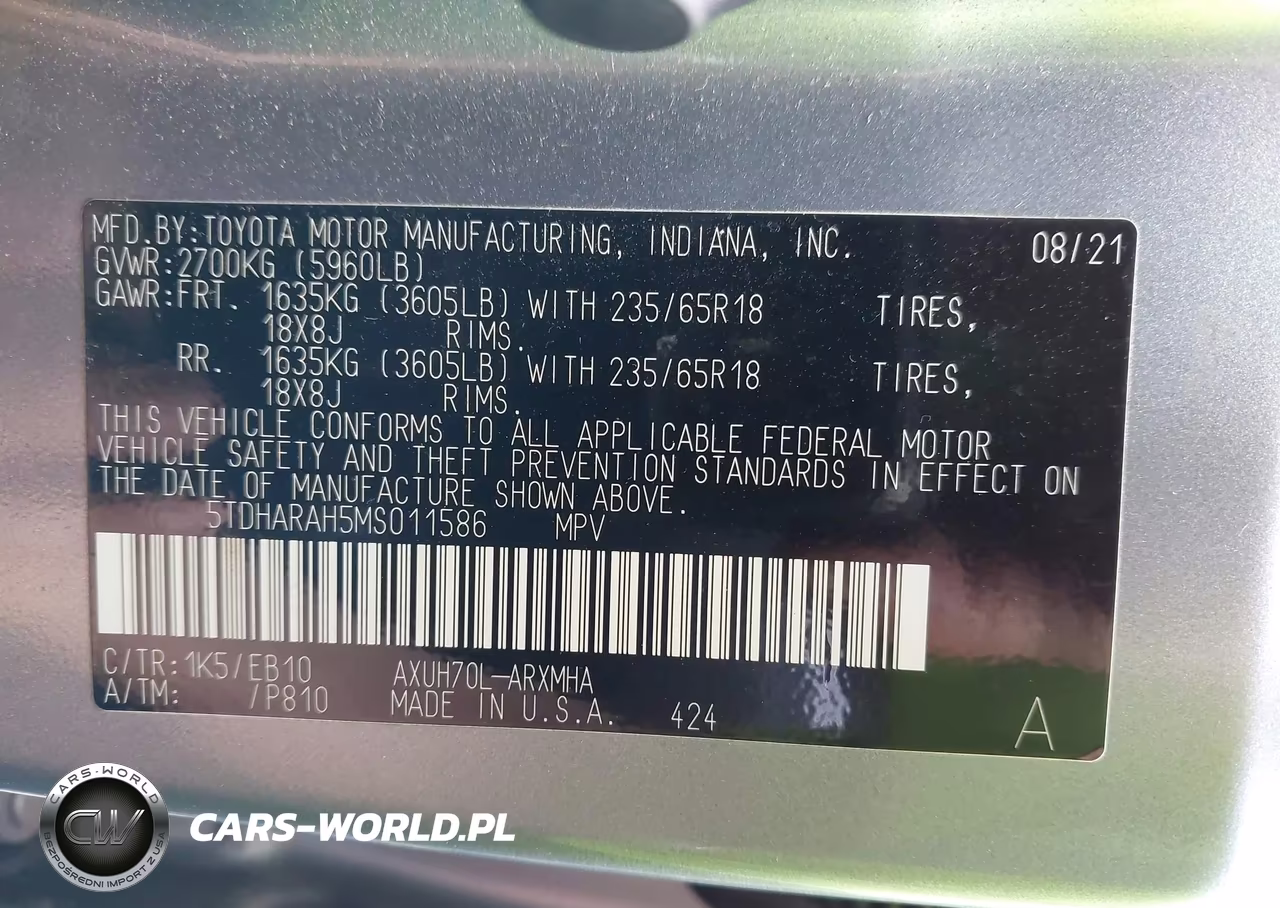 2021 Toyota Highlander Hybrid Xle VIN:5TDHARAH5MS011586 - 9