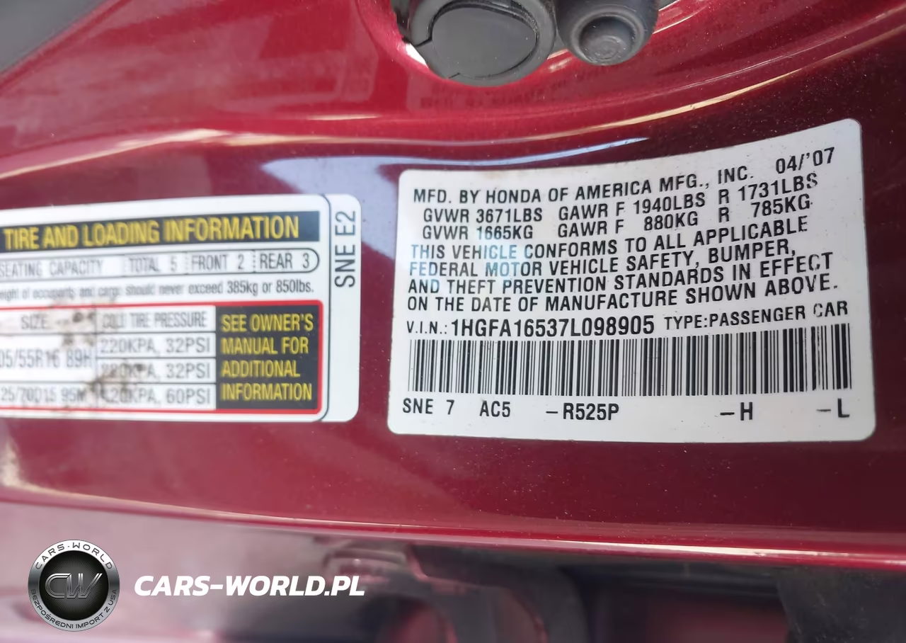 2007 Honda Civic Lx VIN:1HGFA16537L098905 - 9