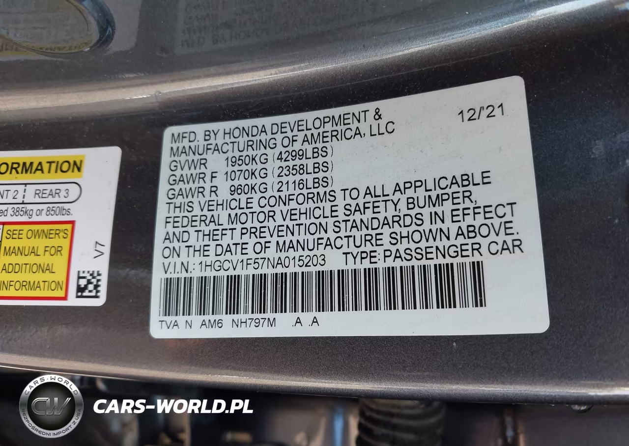 2022 Honda Accord Ex-L VIN:1HGCV1F57NA015203 - 9
