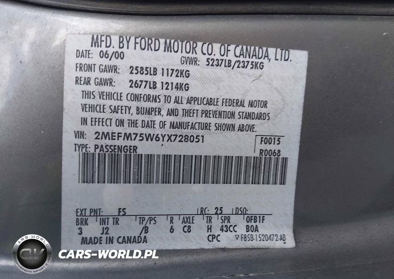2000 Mercury Grand Marquis Ls VIN:2MEFM75W6YX728051 - 9
