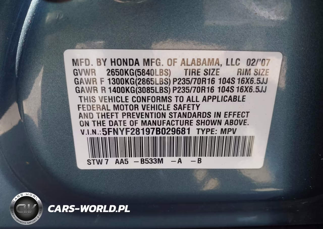 2007 Honda Pilot Lx VIN:5FNYF28197B029681 - 9