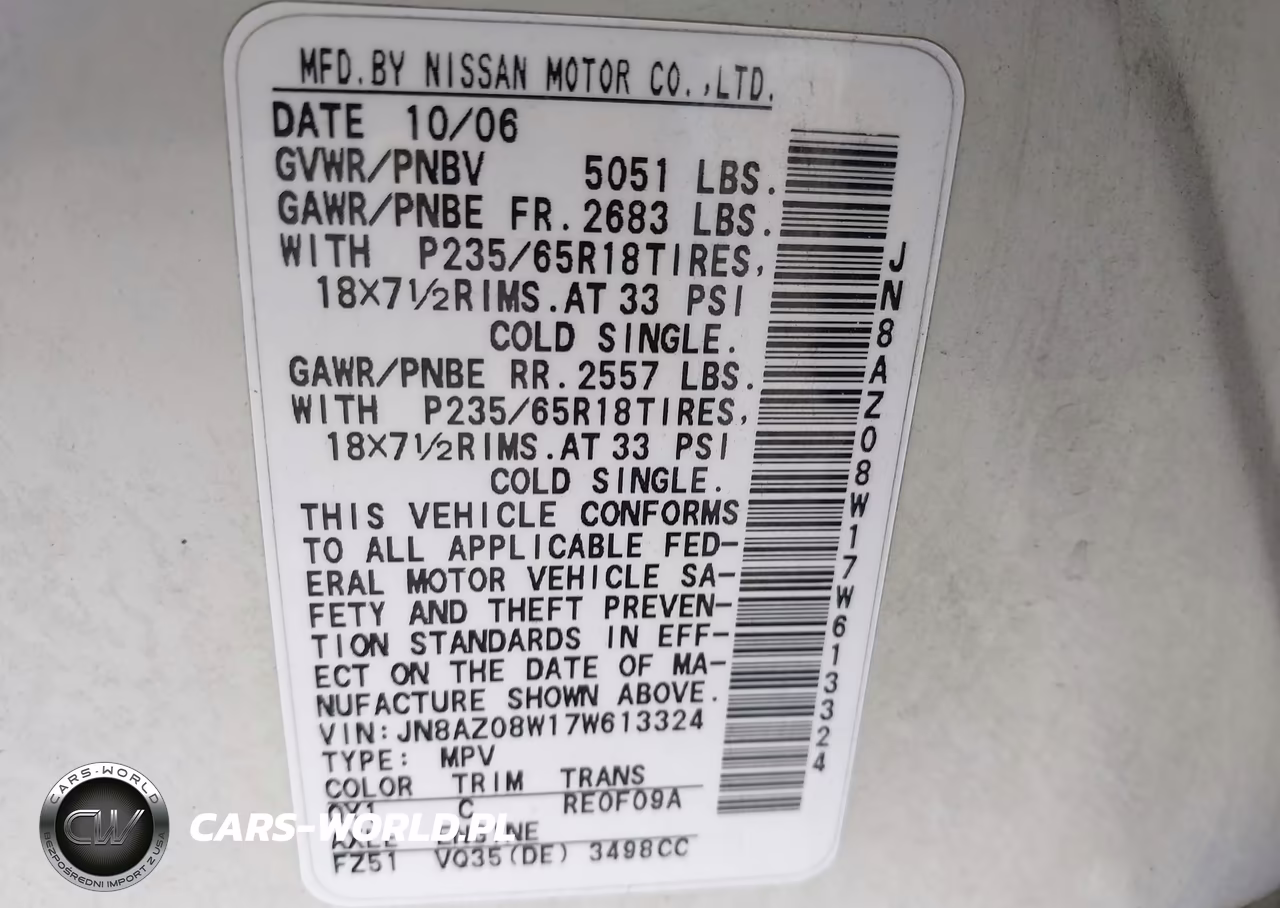 2007 Nissan Murano S VIN:JN8AZ08W17W613324 - 9