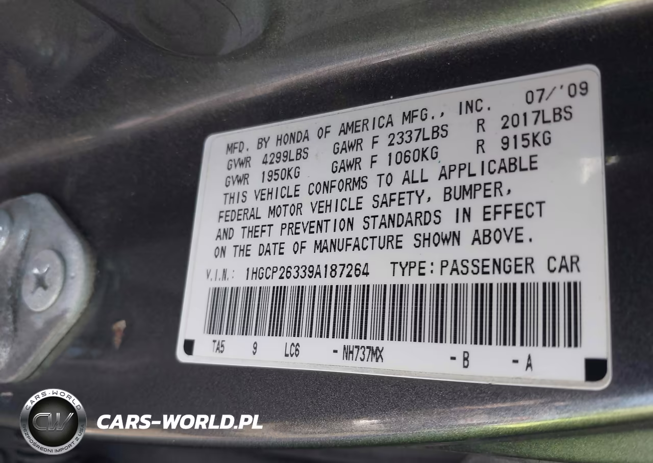 2009 Honda Accord 2.4 Lx VIN:1HGCP26339A187264 - 9