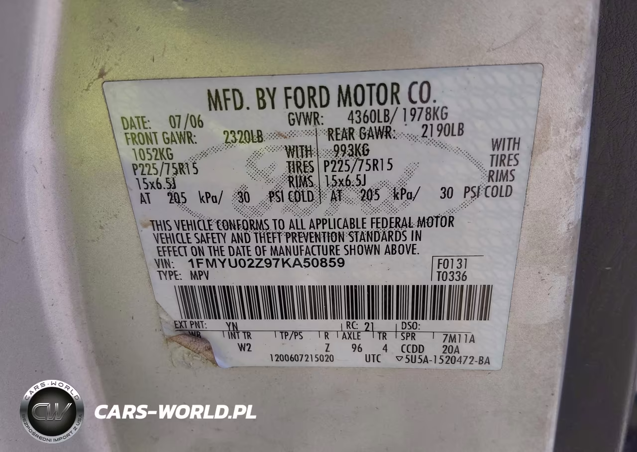 2007 Ford Escape Xls-Xls Manual VIN:1FMYU02Z97KA50859 - 9