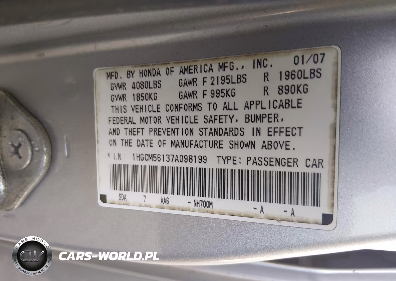 2007 Honda Accord 2.4 Vp VIN:1HGCM56137A098199 - 9