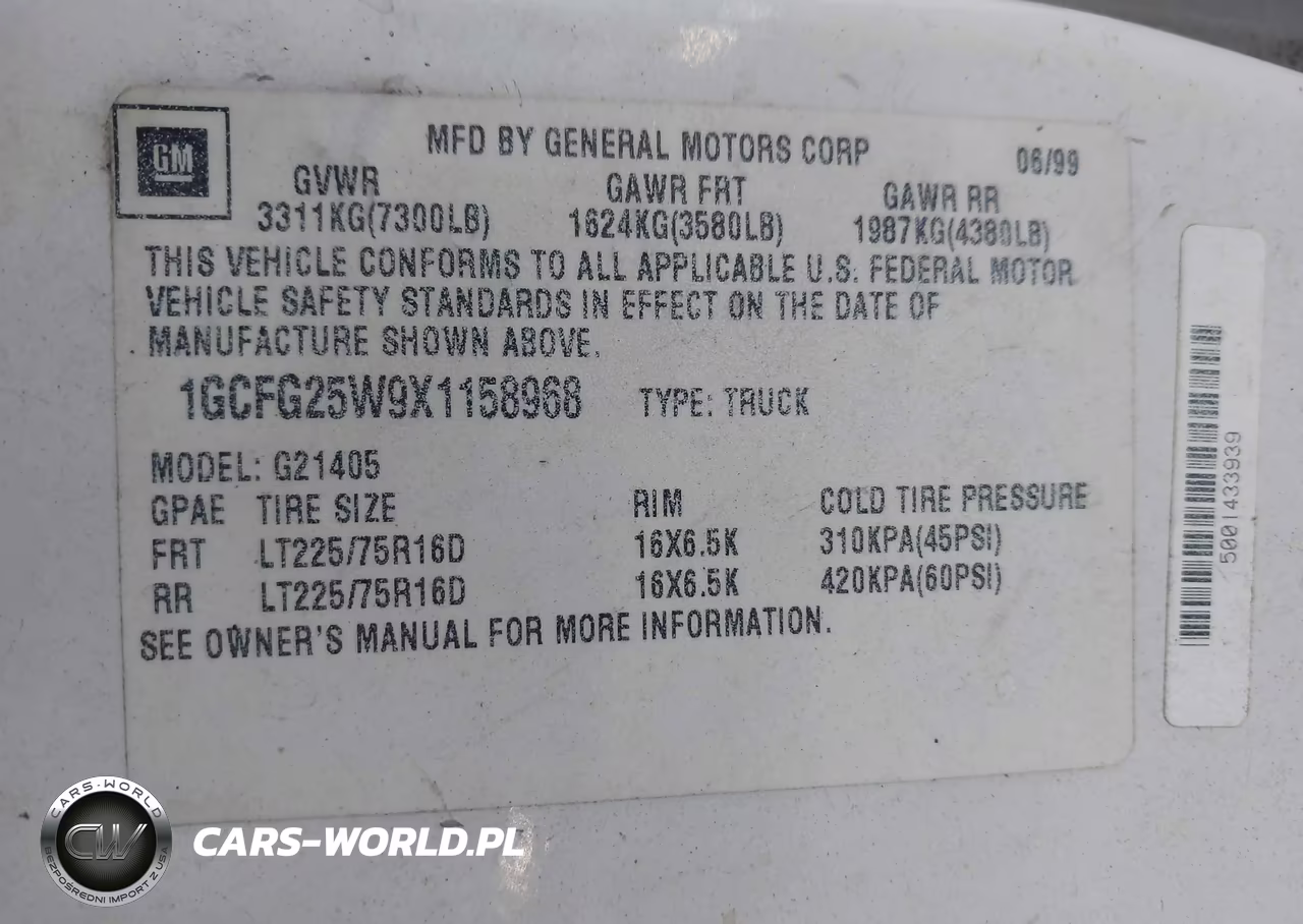 1999 Chevrolet Express VIN:1GCFG25W9X1158968 - 9