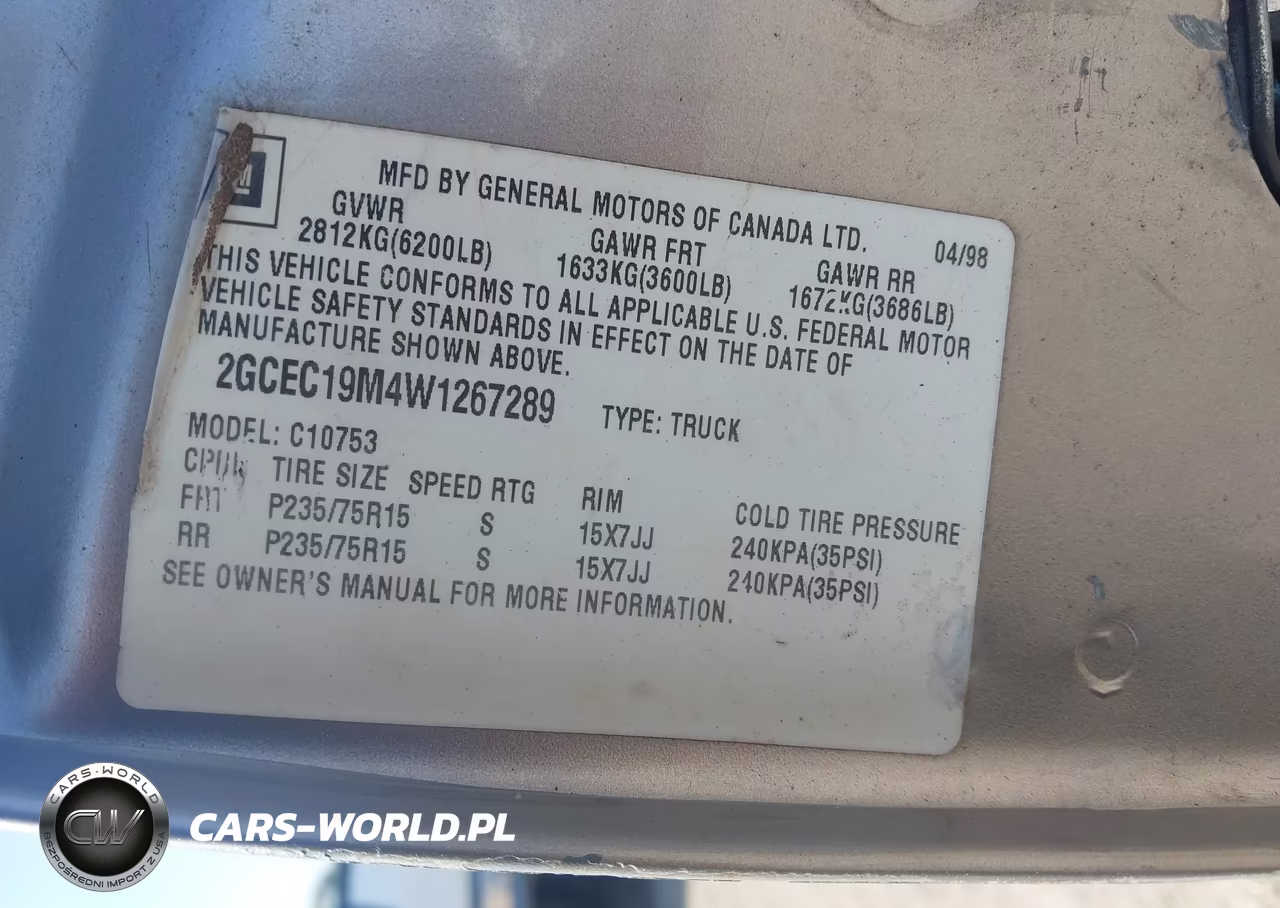 1998 Chevrolet C1500 Fleetside VIN:2GCEC19M4W1267289 - 9