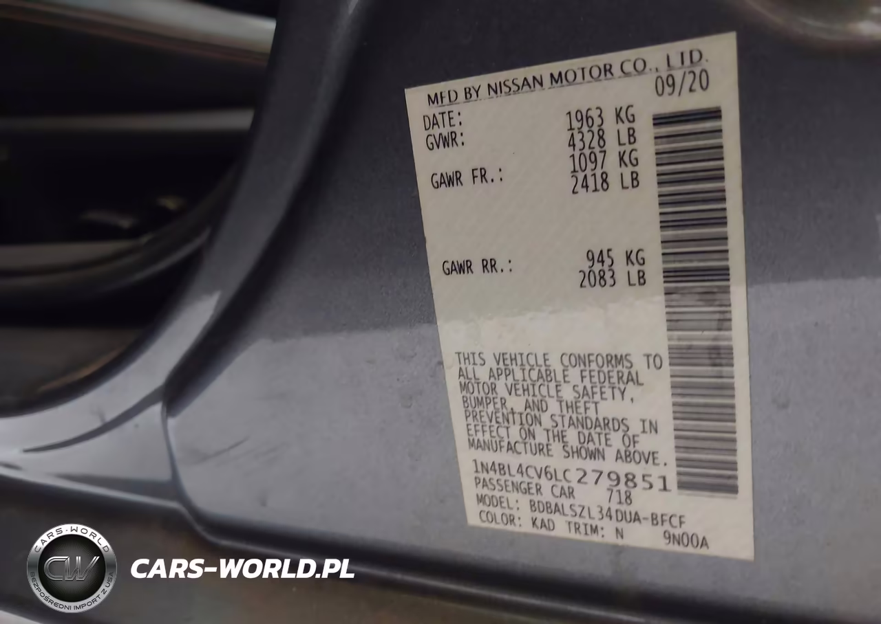 2020 Nissan Altima Sr Fwd VIN:1N4BL4CV6LC279851 - 9