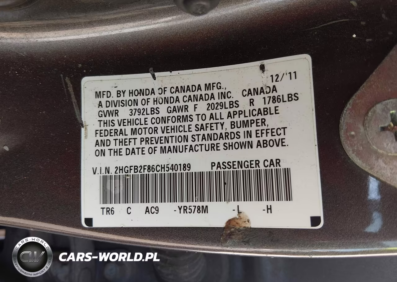 2012 Honda Civic Ex VIN:2HGFB2F86CH540189 - 9