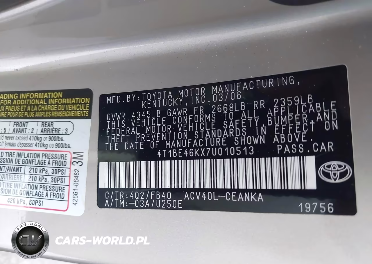 2007 Toyota Camry Le VIN:4T1BE46KX7U010513 - 9