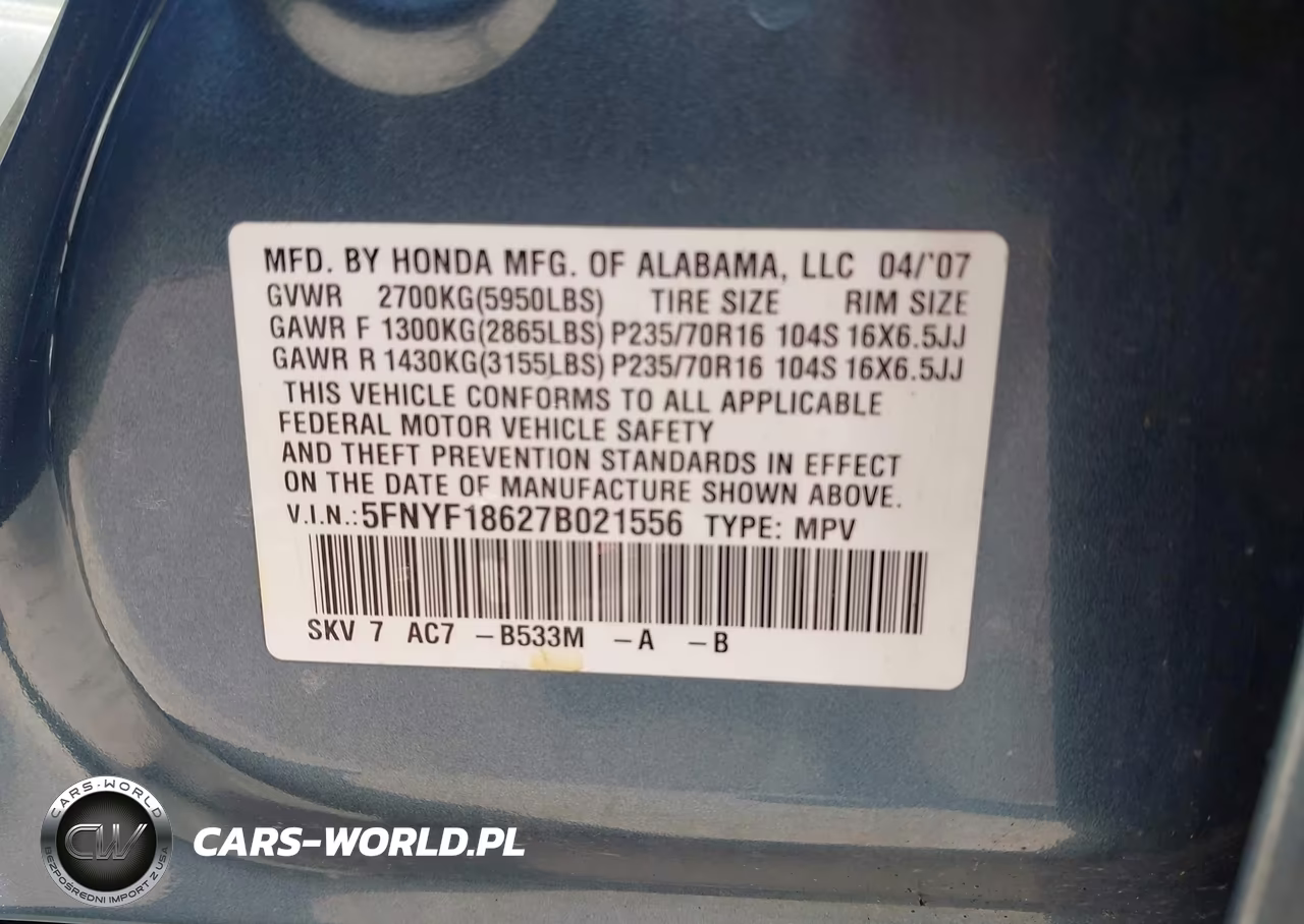 2007 Honda Pilot Ex-L VIN:5FNYF18627B021556 - 9