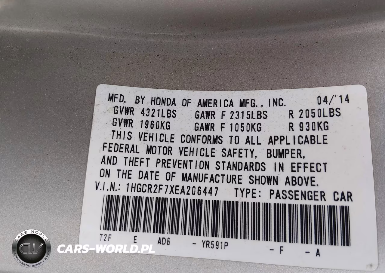 2014 Honda Accord Ex VIN:1HGCR2F7XEA206447 - 9