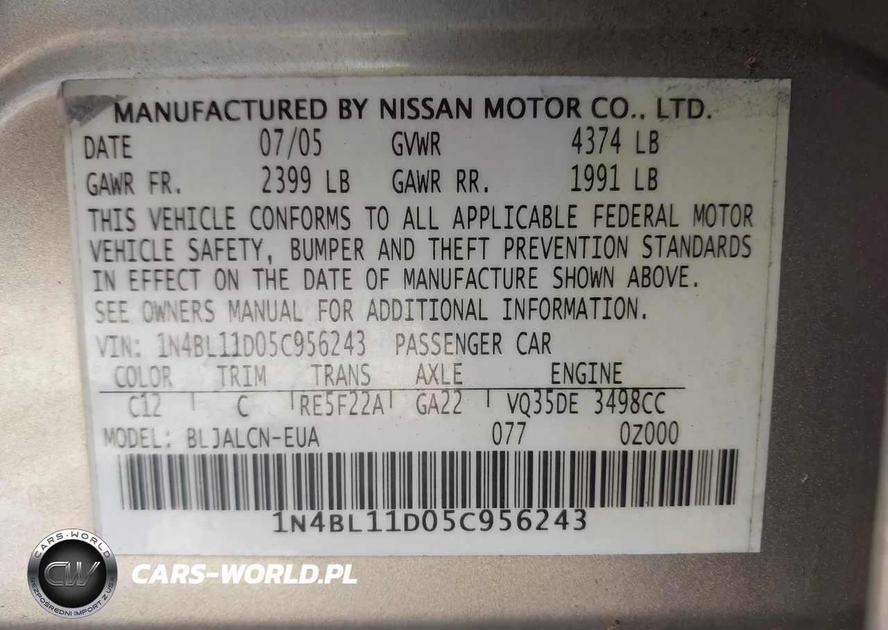 2005 Nissan Altima 3.5 Se VIN:1N4BL11D05C956243 - 9