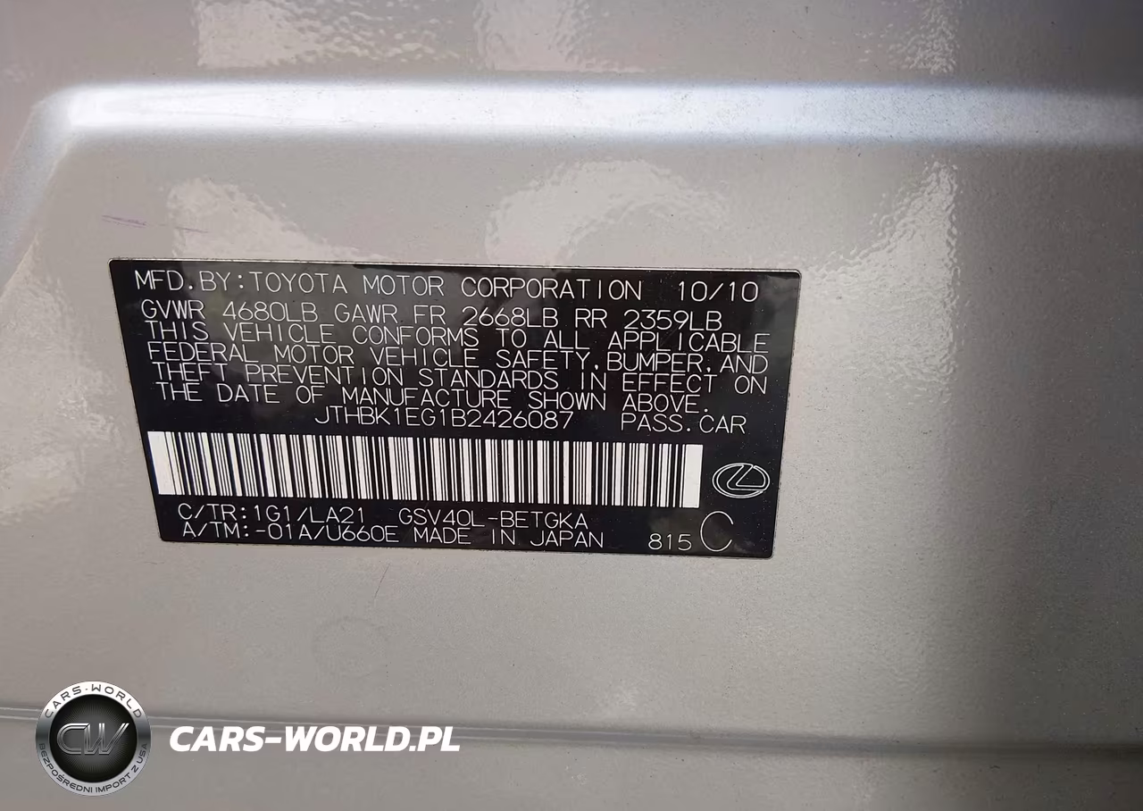 2011 Lexus Es 350 VIN:JTHBK1EG1B2426087 - 9