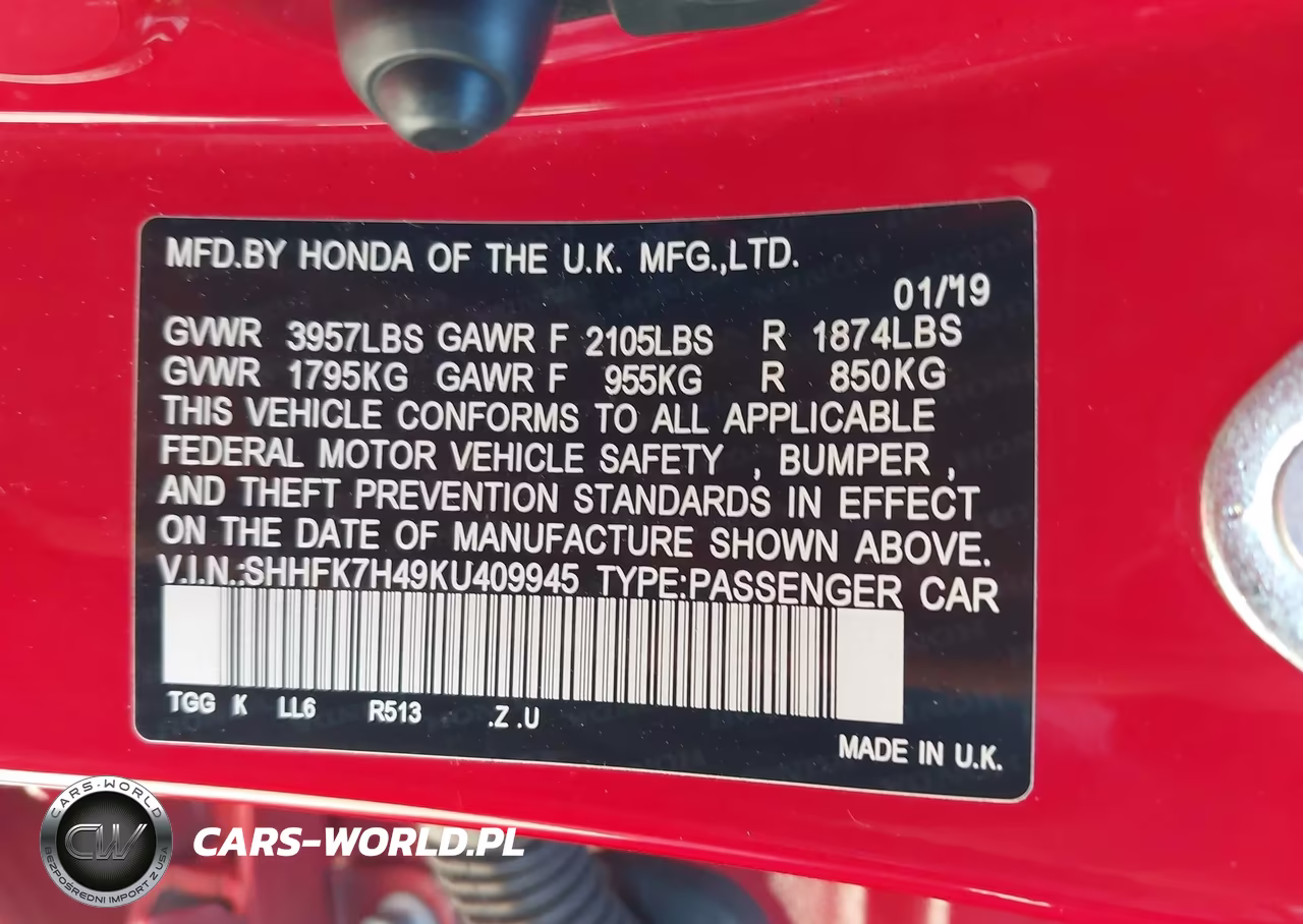 2019 Honda Civic Sport VIN:SHHFK7H49KU409945 - 9