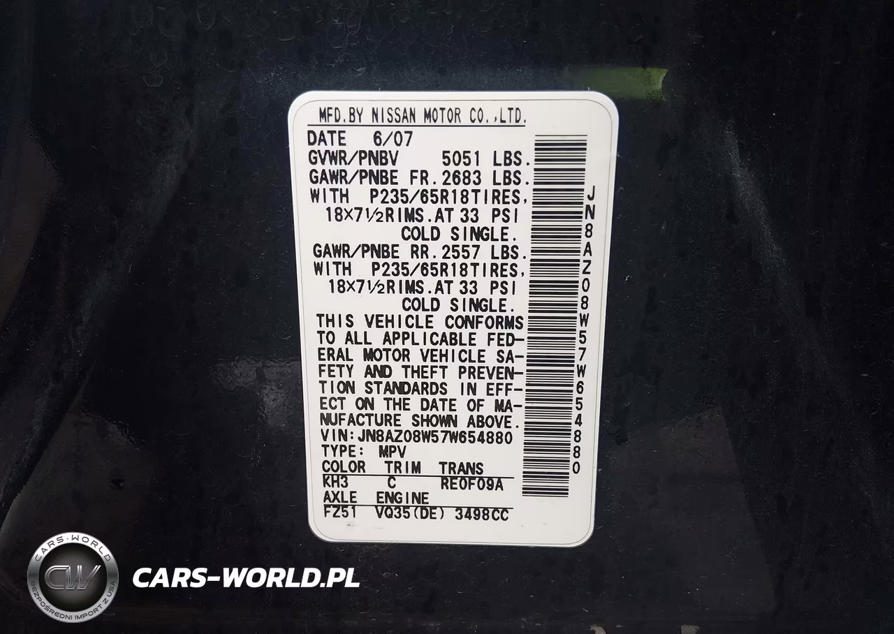 2007 Nissan Murano Sl VIN:JN8AZ08W57W654880 - 9