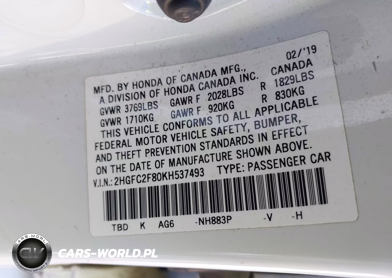 2019 Honda Civic Sport VIN:2HGFC2F80KH537493 - 9