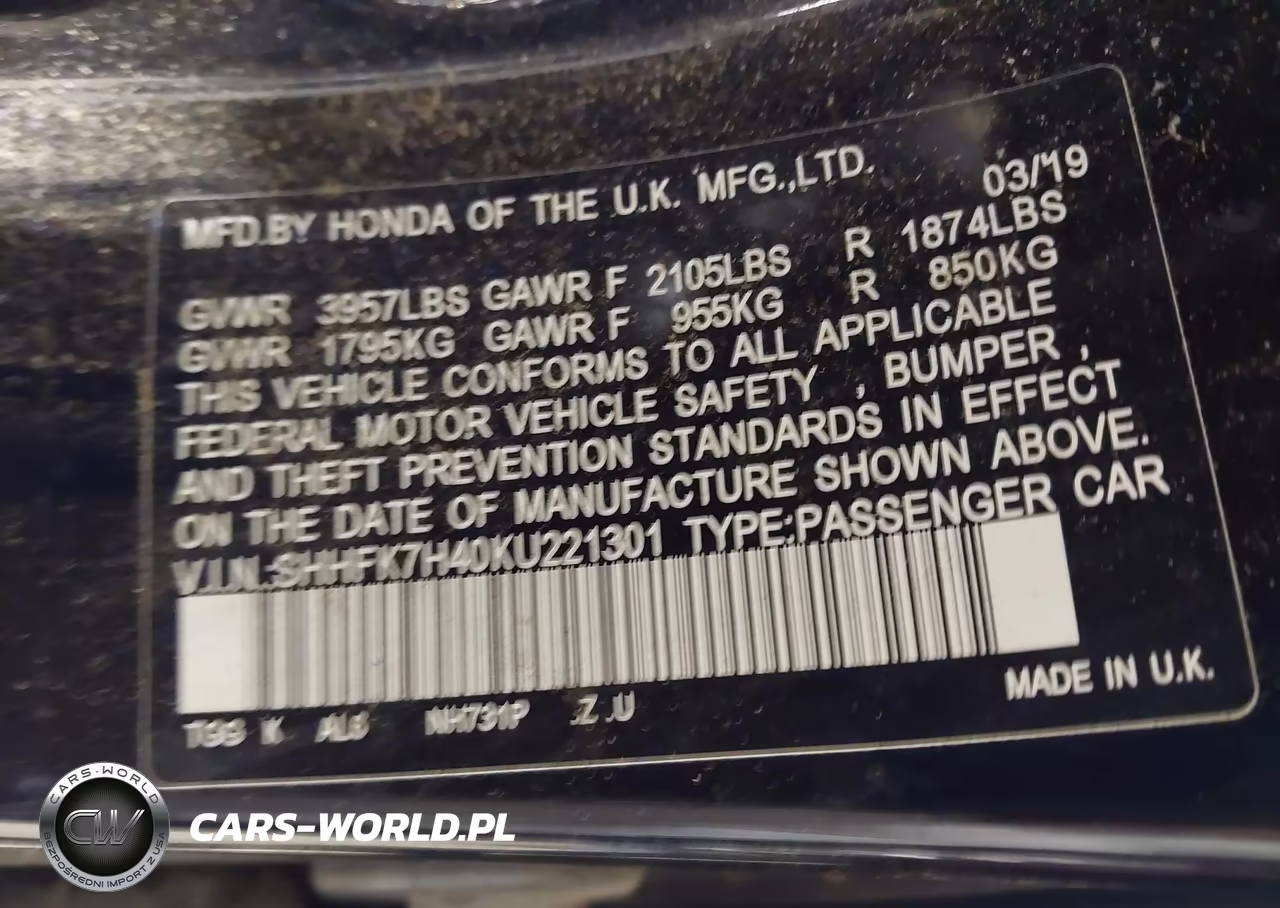 2019 Honda Civic Sport VIN:SHHFK7H40KU221301 - 9