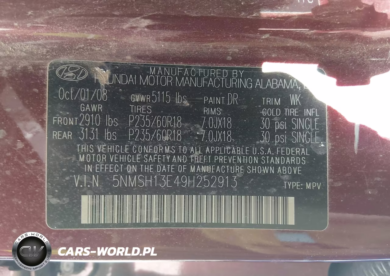 2009 Hyundai Santa Fe Limited VIN:5NMSH13E49H252913 - 9