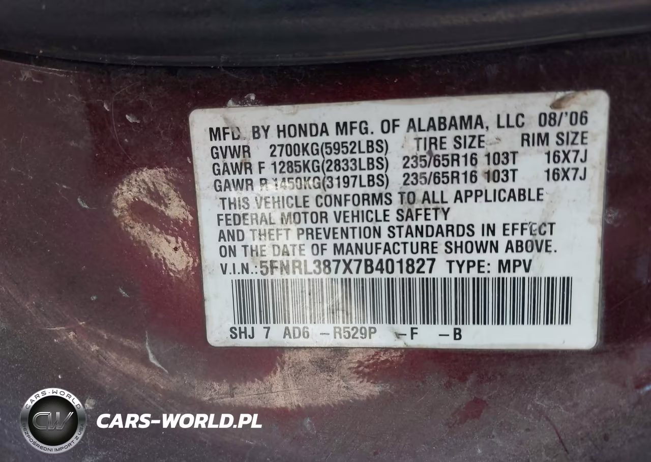2007 Honda Odyssey Ex-L VIN:5FNRL387X7B401827 - 9