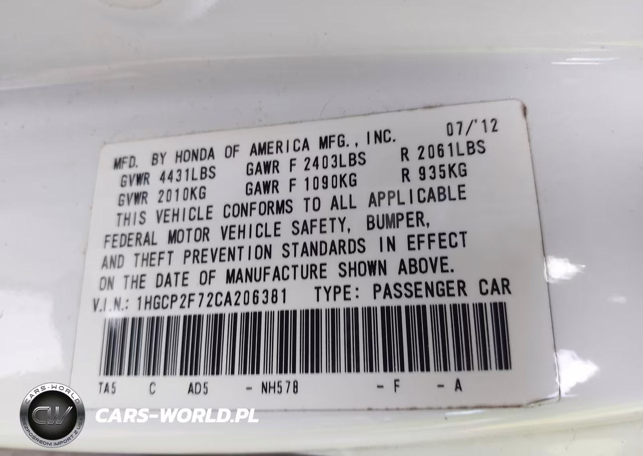 2012 Honda Accord 2.4 Ex VIN:1HGCP2F72CA206381 - 9