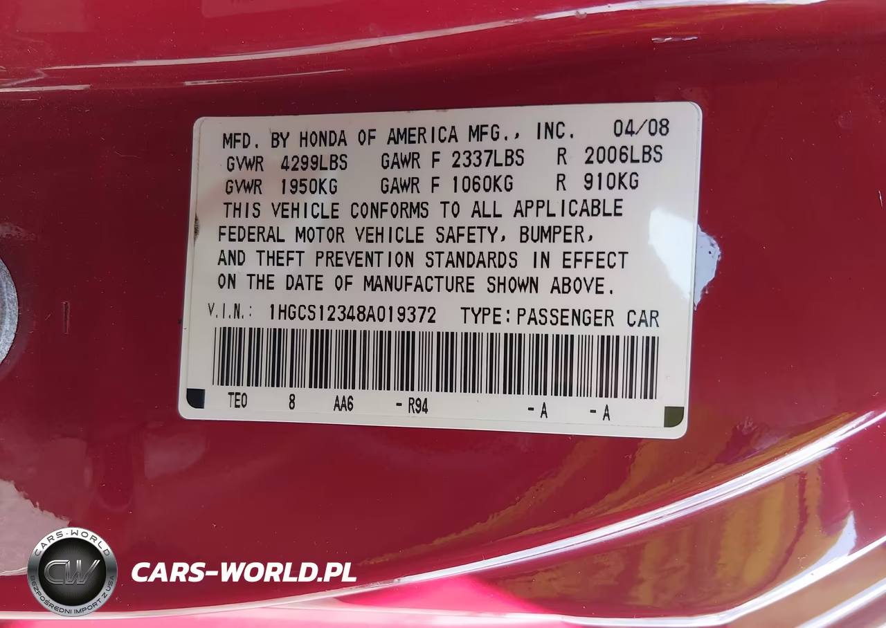 2008 Honda Accord 2.4 Lx-S VIN:1HGCS12348A019372 - 9