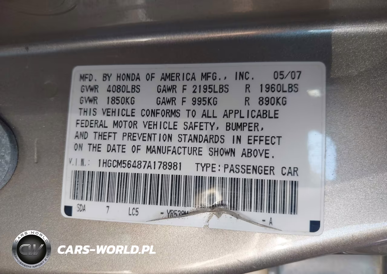 2007 Honda Accord 2.4 Lx VIN:1HGCM56487A178981 - 9