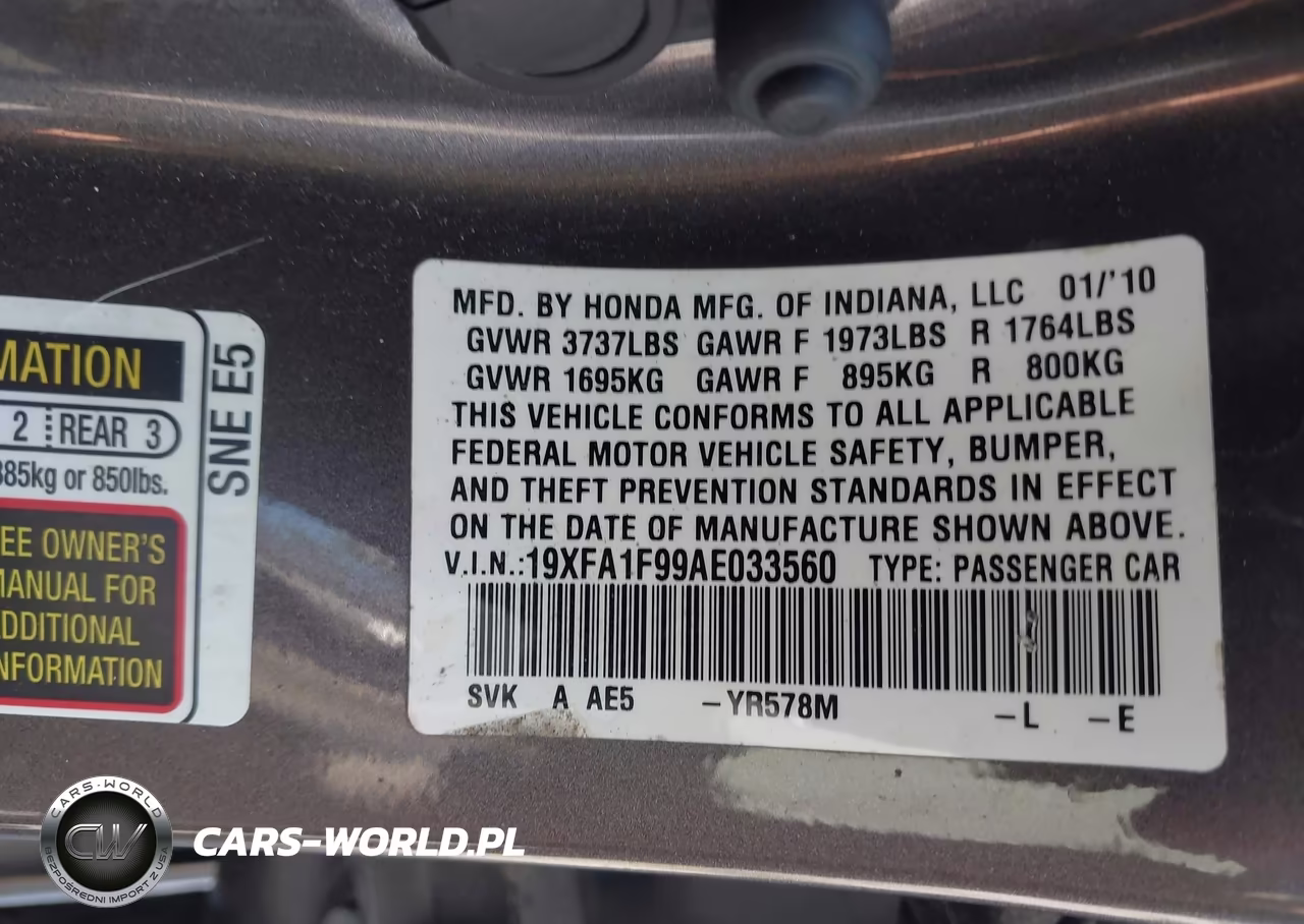 2010 Honda Civic Ex-L VIN:19XFA1F99AE033560 - 9