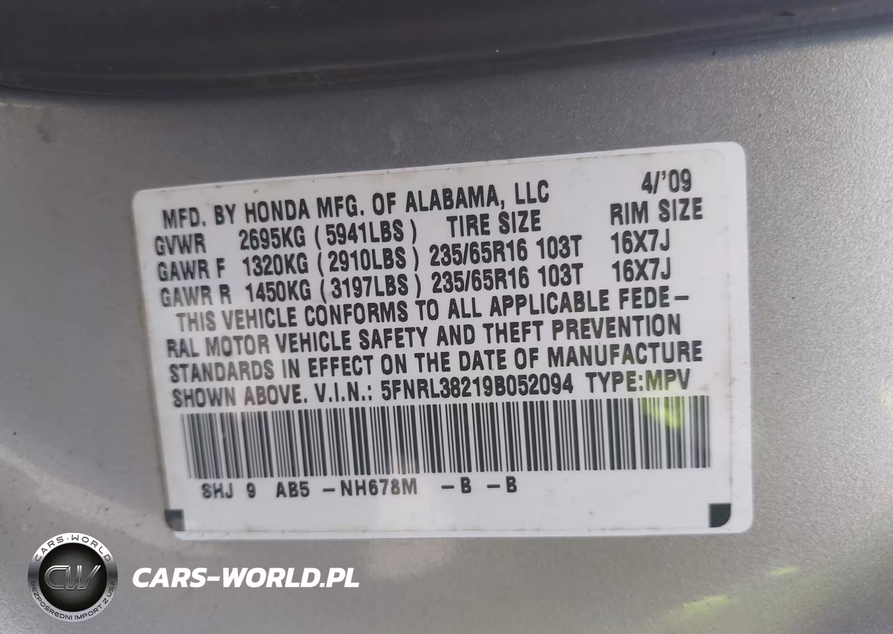 2009 Honda Odyssey Lx VIN:5FNRL38219B052094 - 9