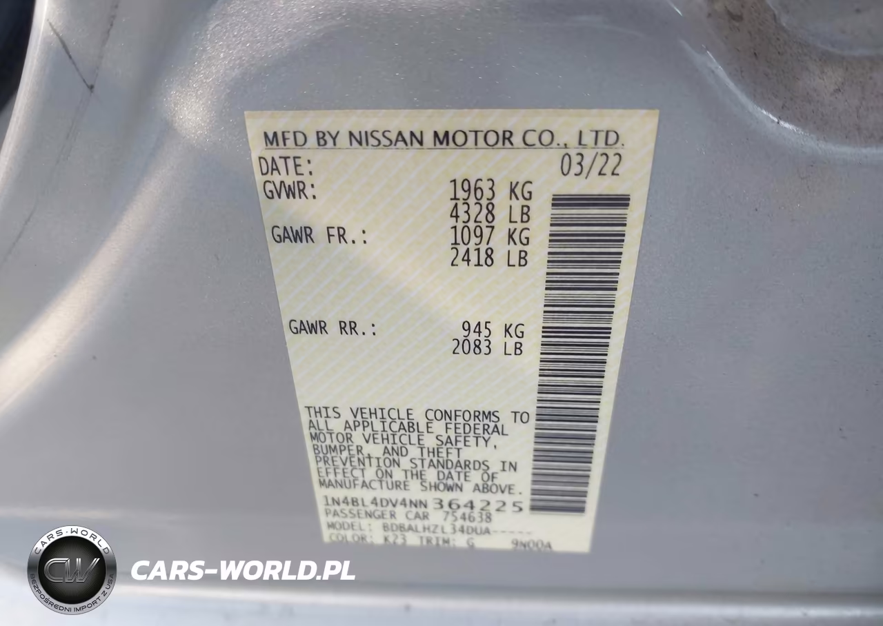 2022 Nissan Altima Sv Fwd VIN:1N4BL4DV4NN364225 - 9
