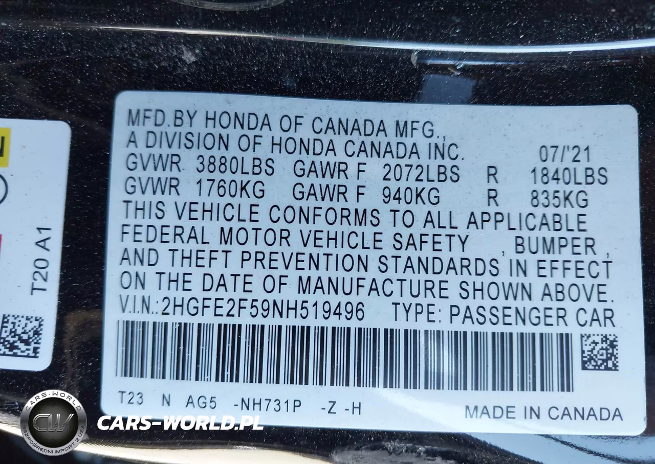 2022 Honda Civic Sport VIN:2HGFE2F59NH519496 - 9