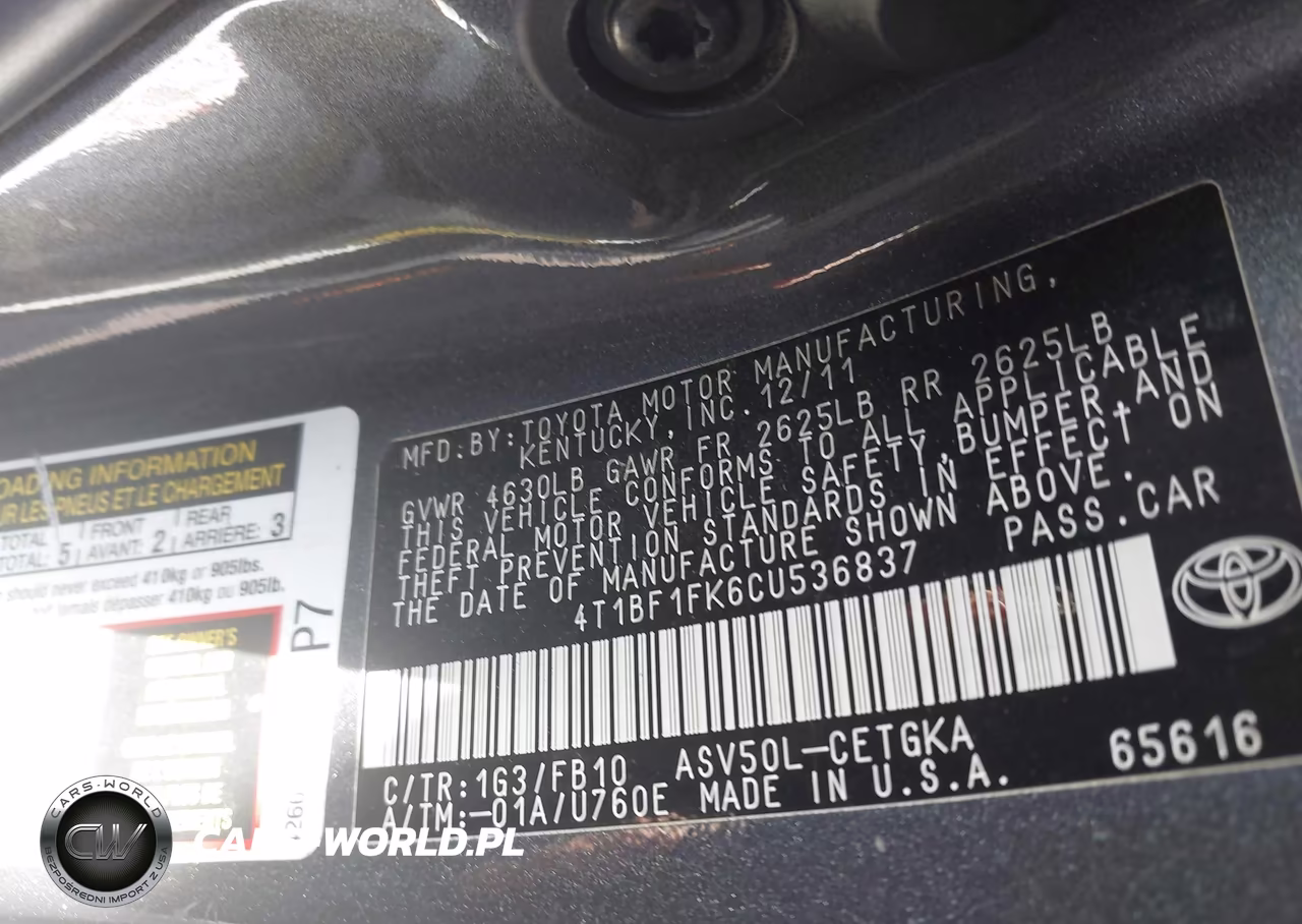 2012 Toyota Camry Xle VIN:4T1BF1FK6CU536837 - 9