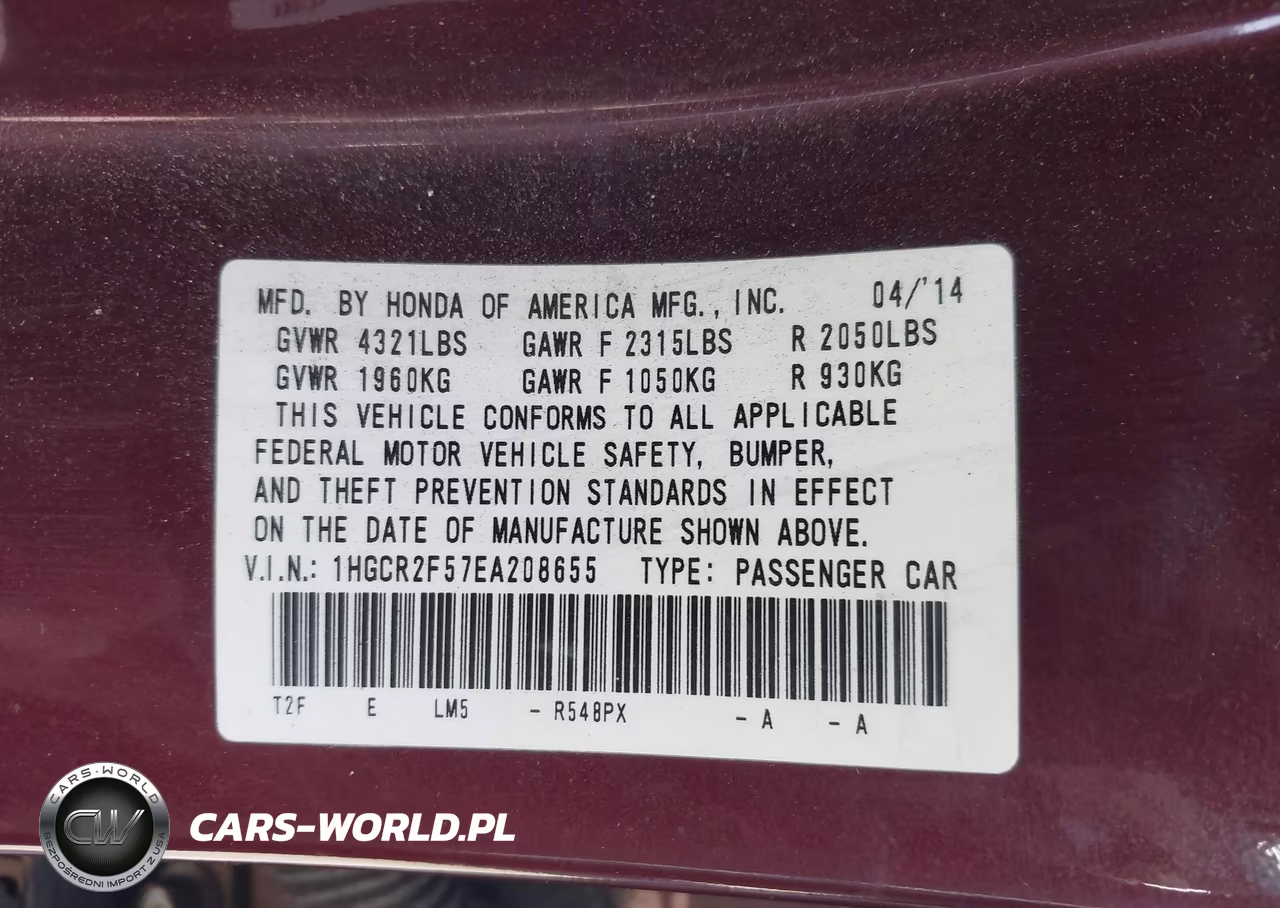 2014 Honda Accord Sport VIN:1HGCR2F57EA208655 - 9