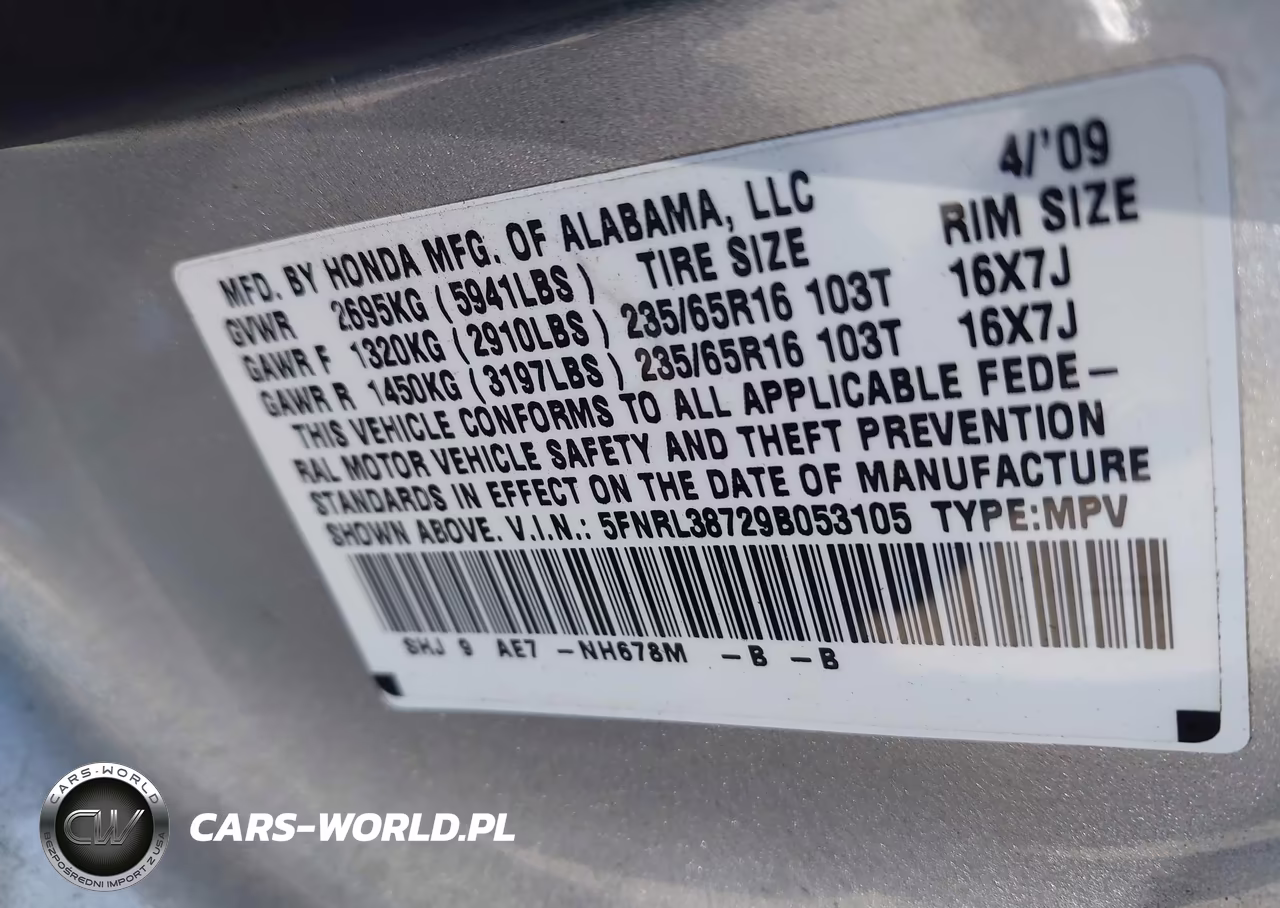 2009 Honda Odyssey Ex-L VIN:5FNRL38729B053105 - 9