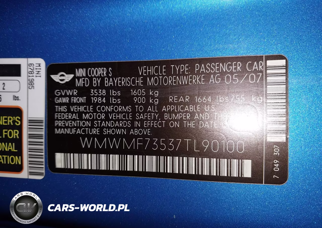 2007 Mini Cooper S VIN:WMWMF73537TL90100 - 9
