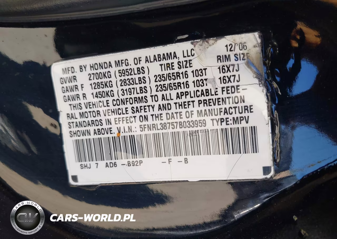 2007 Honda Odyssey Ex-L VIN:5FNRL38757B033959 - 9