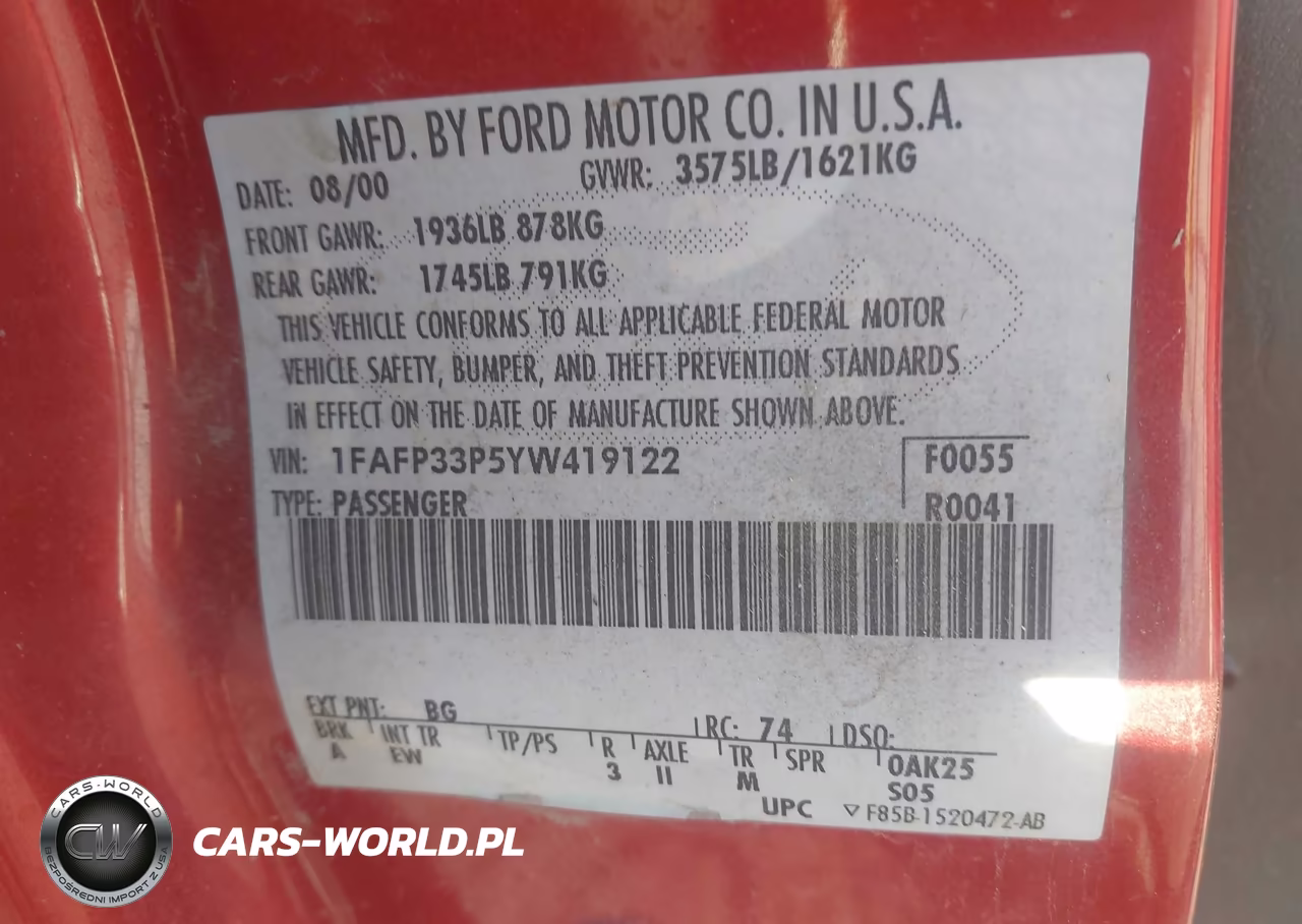2000 Ford Focus Lx VIN:1FAFP33P5YW419122 - 9
