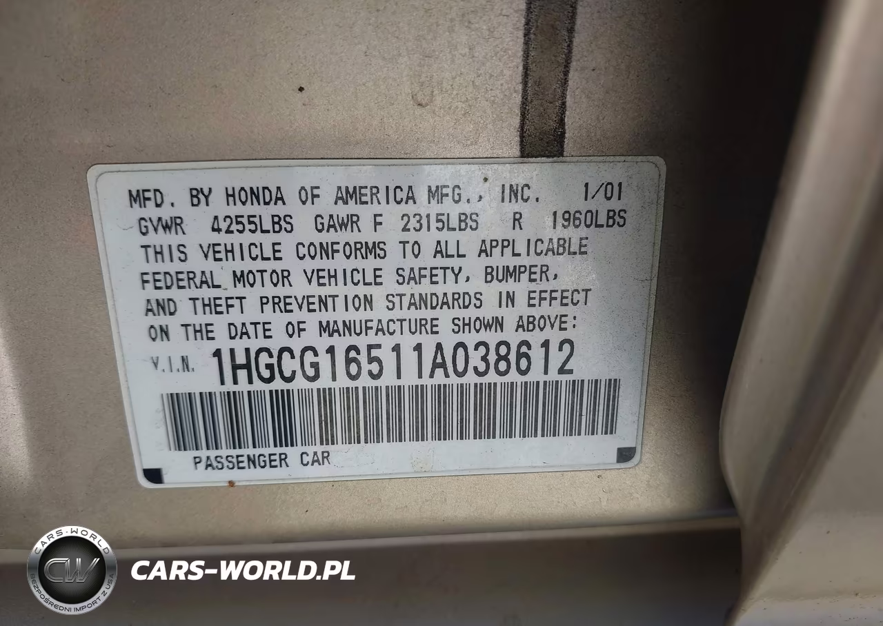 2001 Honda Accord 3.0 Ex VIN:1HGCG16511A038612 - 9