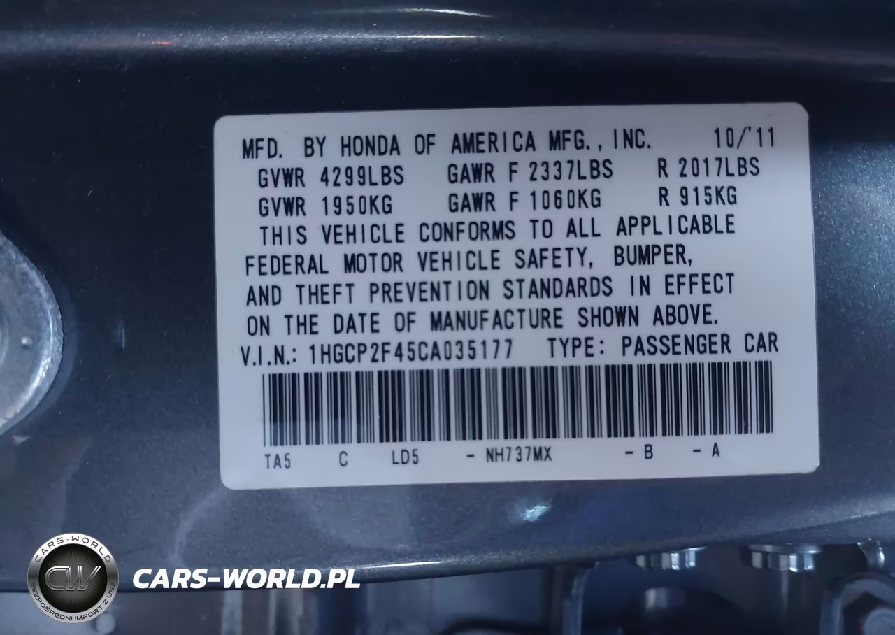 2012 Honda Accord 2.4 Lx-P VIN:1HGCP2F45CA035177 - 9