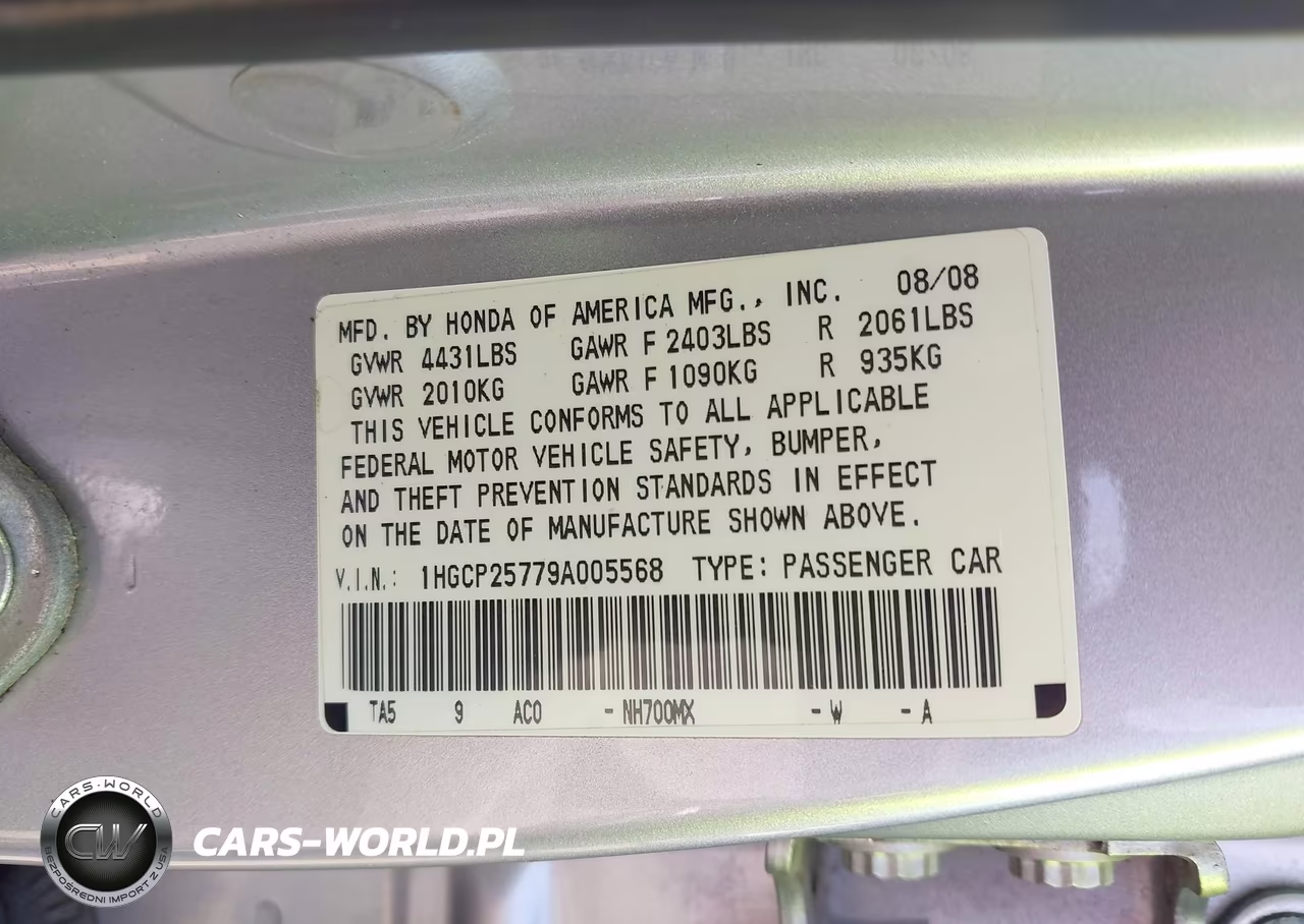 2009 Honda Accord 2.4 Ex VIN:1HGCP25779A005568 - 9