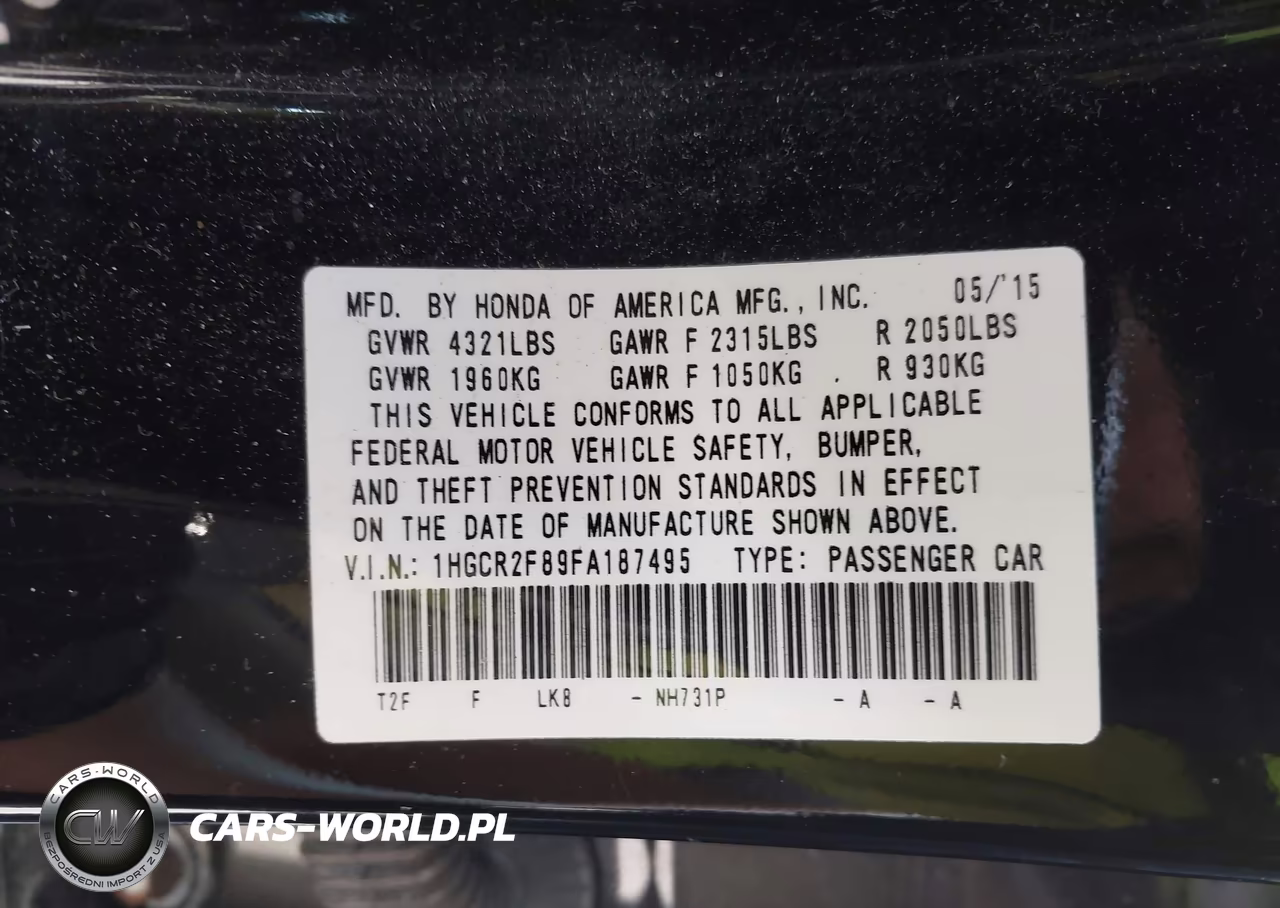 2015 Honda Accord Ex-L VIN:1HGCR2F89FA187495 - 9