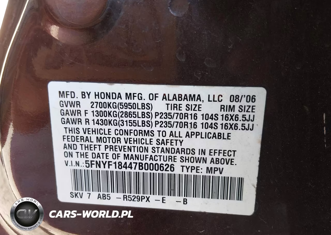 2007 Honda Pilot Ex VIN:5FNYF18447B000626 - 9