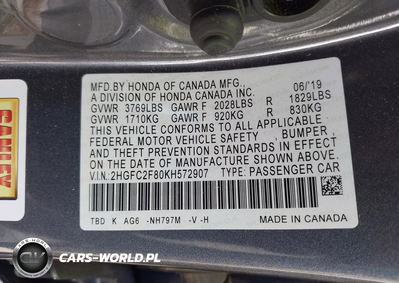 2019 Honda Civic Sport VIN:2HGFC2F80KH572907 - 9