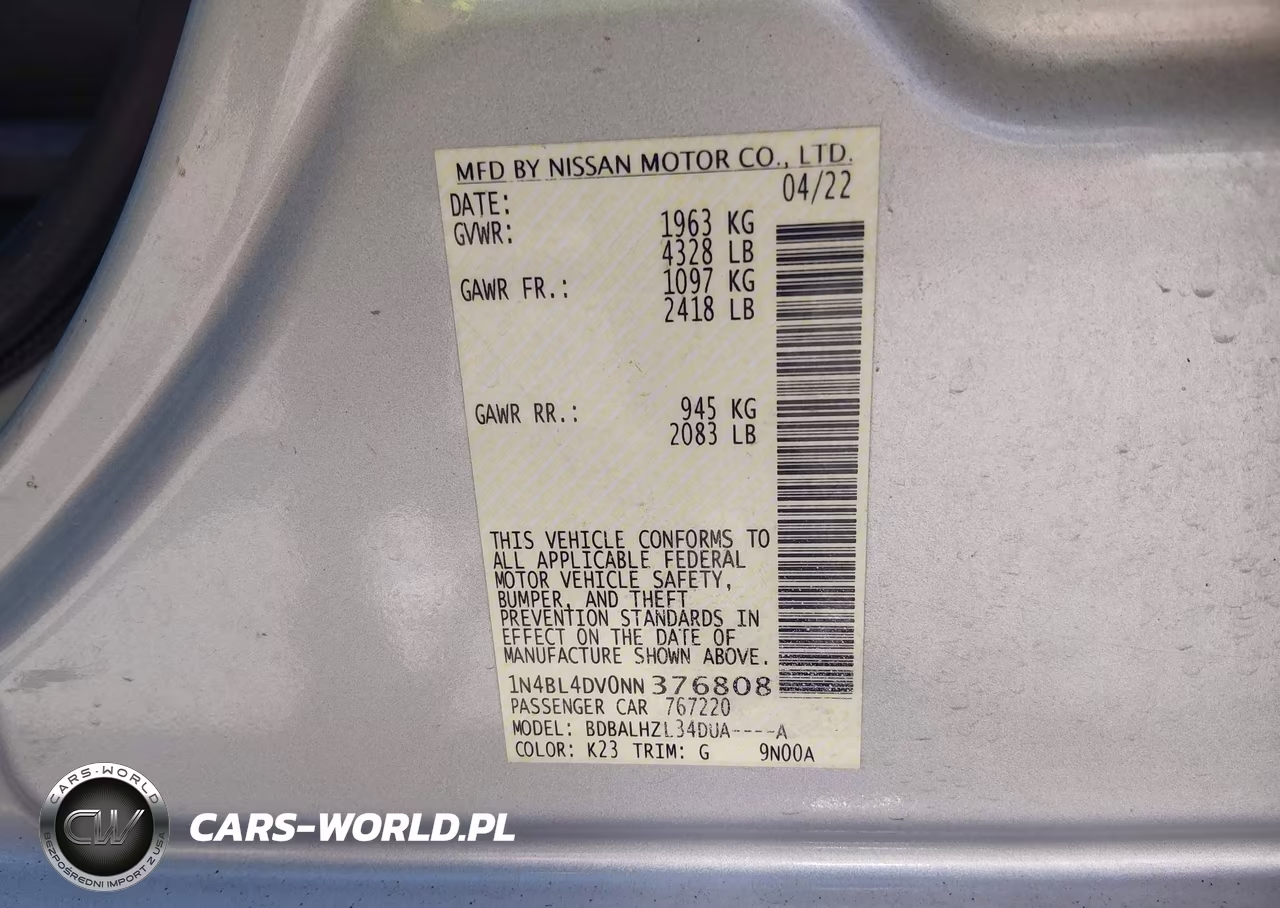 2022 Nissan Altima Sv Fwd VIN:1N4BL4DV0NN376808 - 9